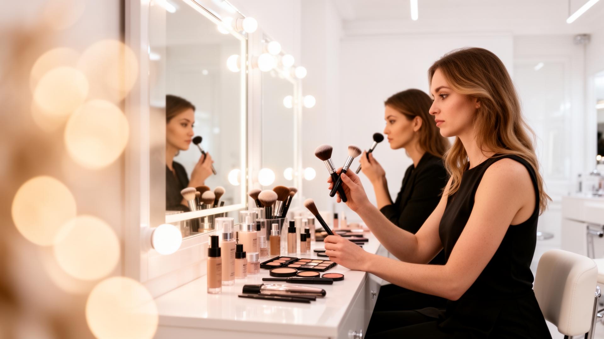 Premium beauty studio with makeup artist at work